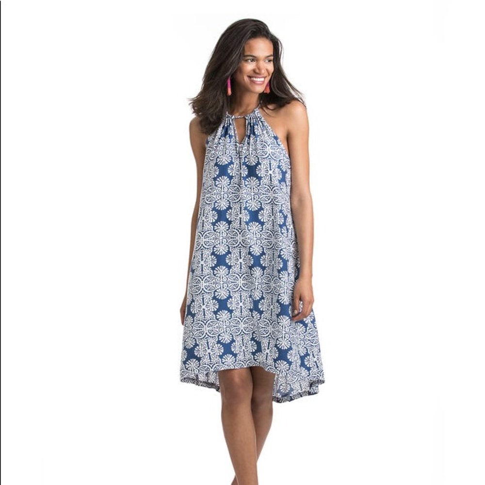 VineyardVines Mirrored Leaves Trapeze Halter Dress